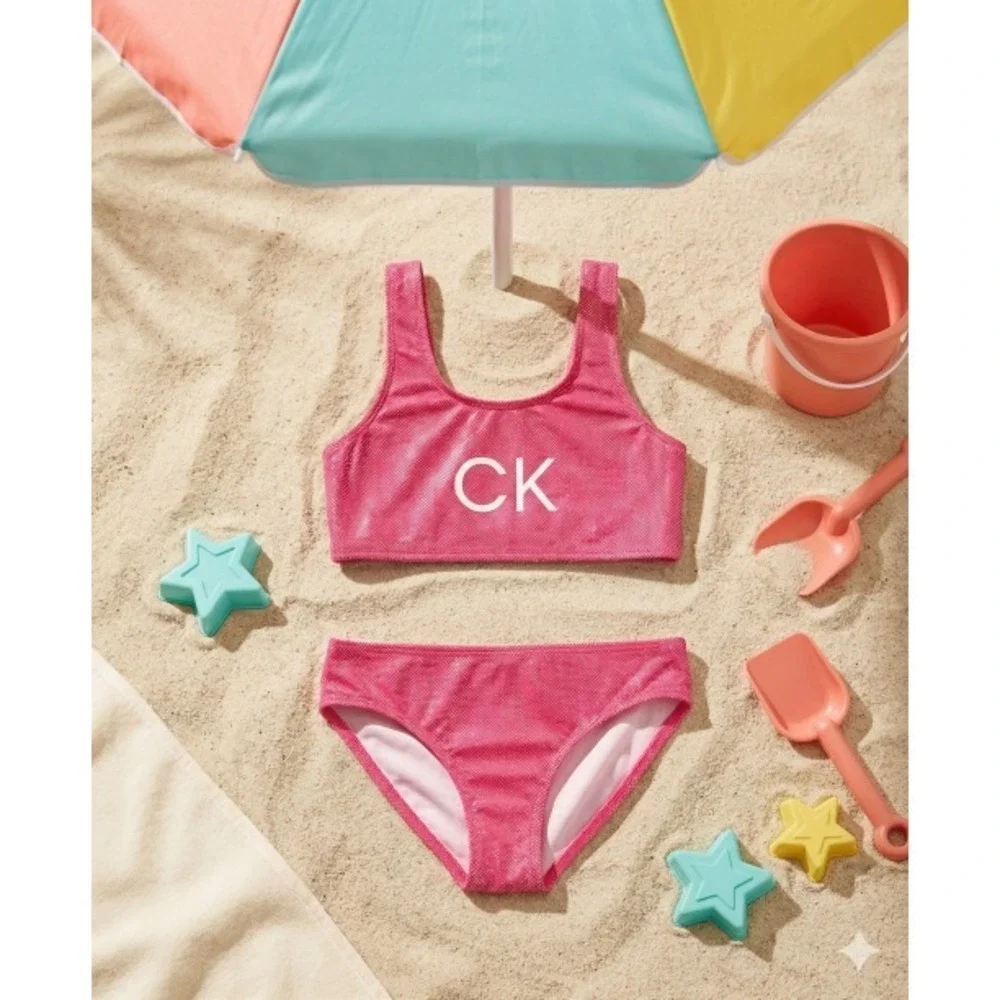 Calvin Klein Girls Pink‎ Glo Shimmer Bikini Set Size M